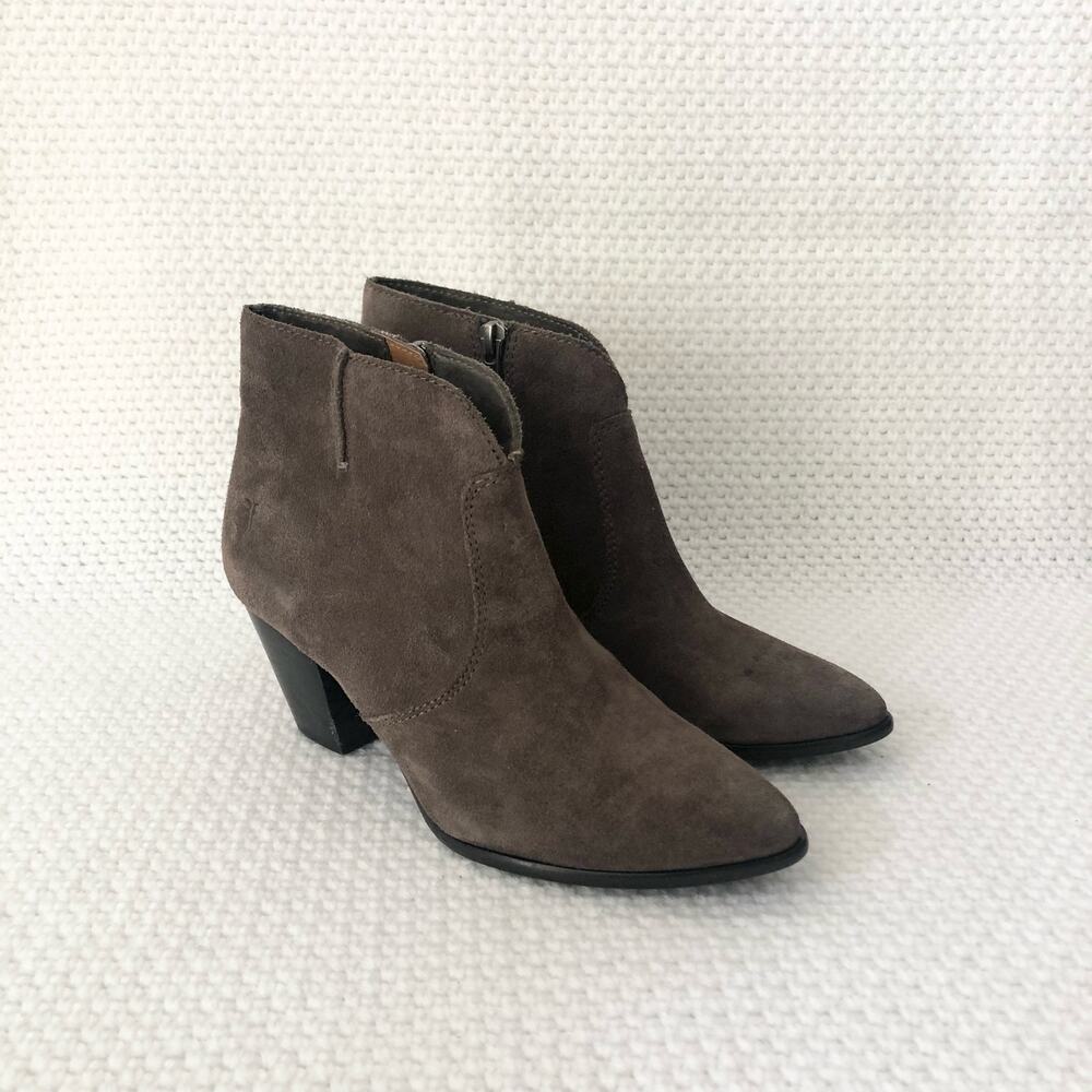 Frye JENNIFER Brown Grey Suede Pointed Stacked Heel Dress Ankle Boots 6 - Picture 2 of 12